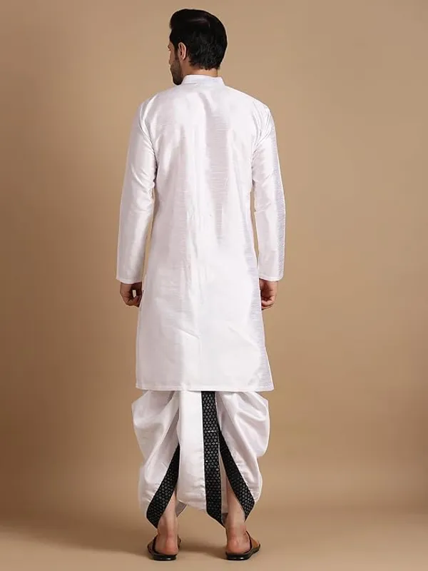 Cream_&_Black_Dupion_Silk_Readymade_Dhoti_Kurta_Set_For_Men