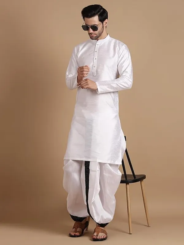 Cream_&_Black_Dupion_Silk_Readymade_Dhoti_Kurta_Set_For_Men