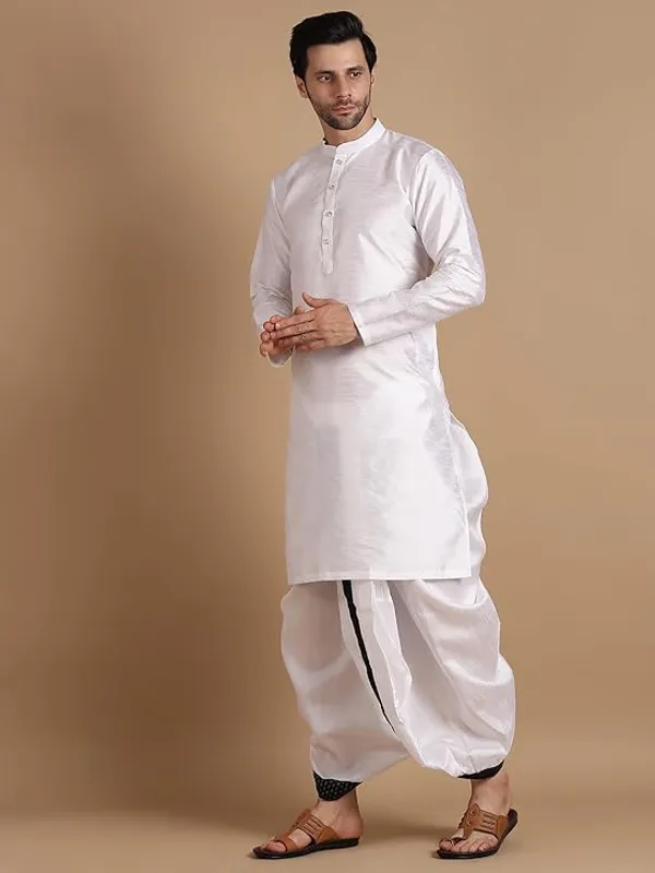 Cream_&_Black_Dupion_Silk_Readymade_Dhoti_Kurta_Set_For_Men