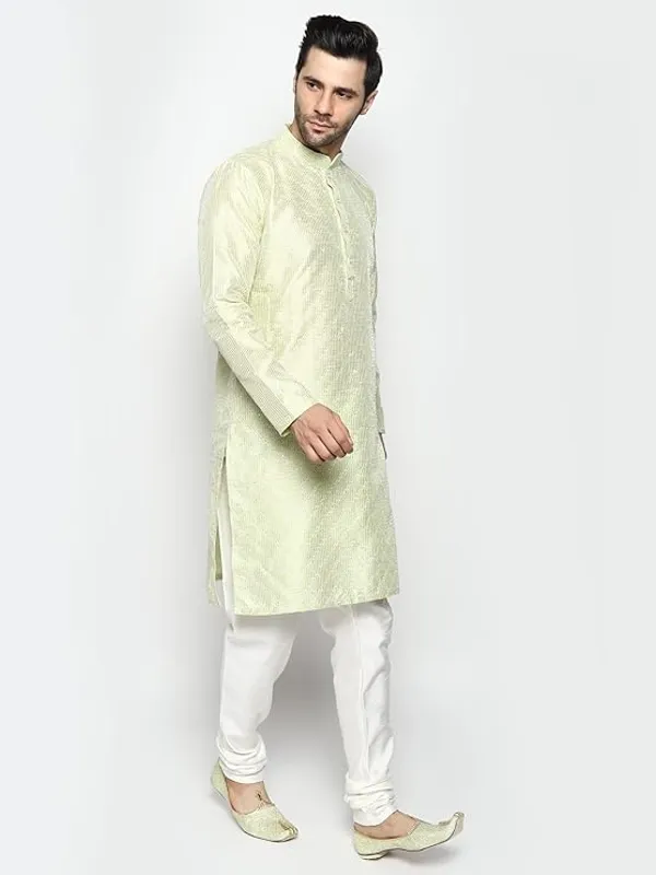 Pista_Green_&_White_Embroidery_Silk_Kurta_Pyjama_Set_For_Men