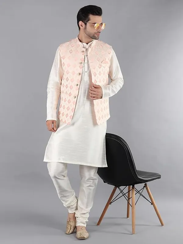 Cream_&_Peach_Silk_Blend_Kurta_Pajama_With_Designer_Ethnic_Nehru_Jacket_For_Men