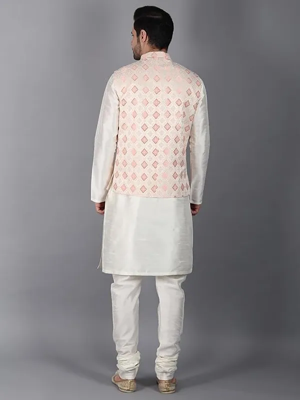 Cream_&_Peach_Silk_Blend_Kurta_Pajama_With_Designer_Ethnic_Nehru_Jacket_For_Men