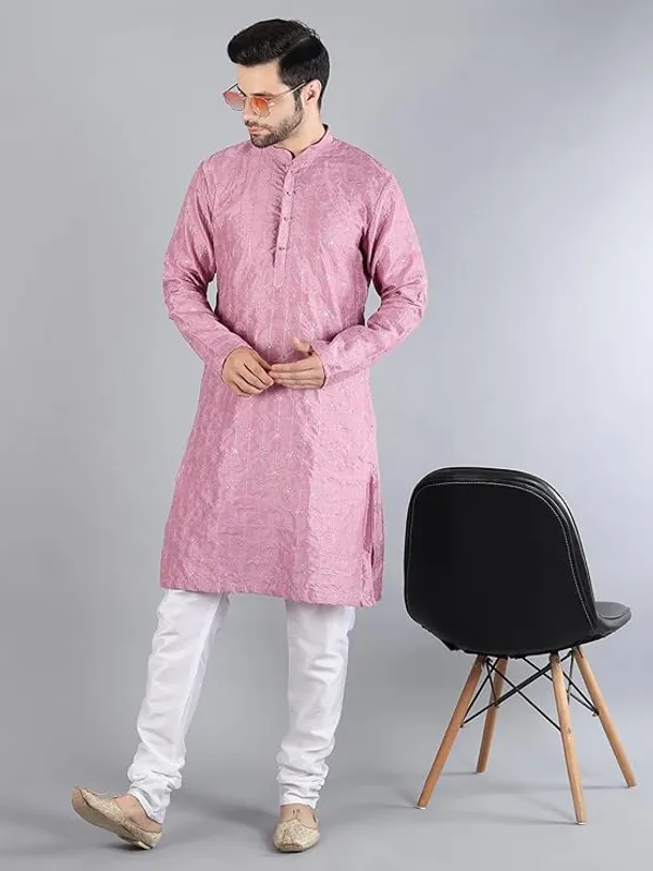 Purple_&_White_Embroidery_Silk_Kurta_Pyjama_Set_For_Men