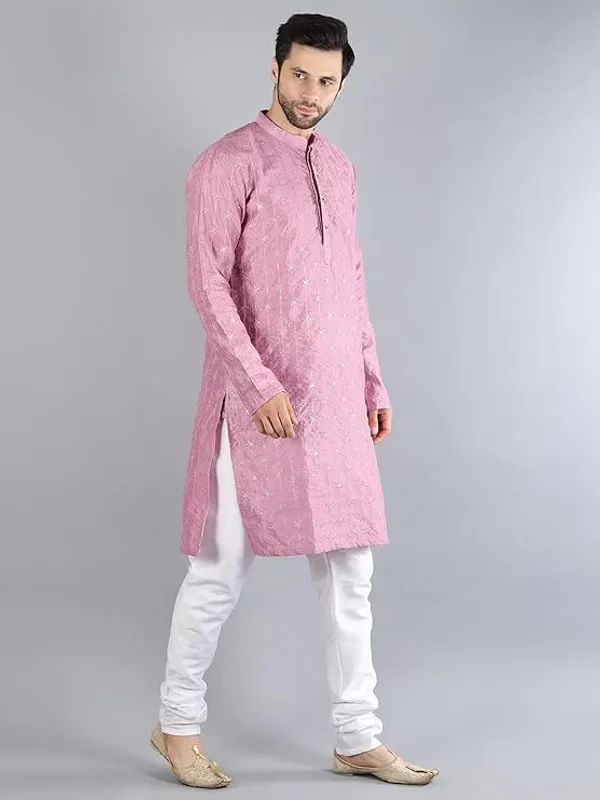 Purple_&_White_Embroidery_Silk_Kurta_Pyjama_Set_For_Men