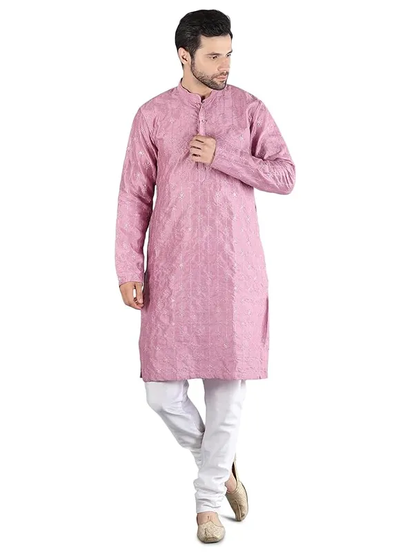 Purple_&_White_Embroidery_Silk_Kurta_Pyjama_Set_For_Men