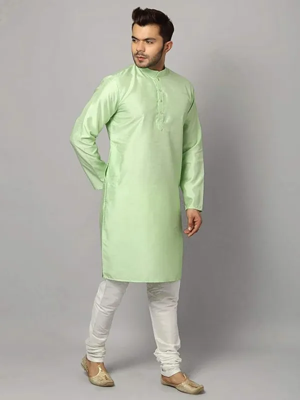 Sea_Green_&_White_Banarasi_Dupion_Silk_Solid_Kurta_Churidar_Pyjama_Set_For_Men