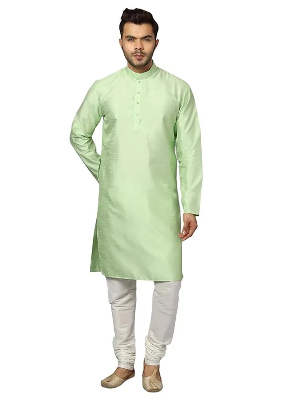 Sea_Green_&_White_Banarasi_Dupion_Silk_Solid_Kurta_Churidar_Pyjama_Set_For_Men