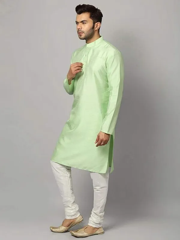 Sea_Green_&_White_Banarasi_Dupion_Silk_Solid_Kurta_Churidar_Pyjama_Set_For_Men