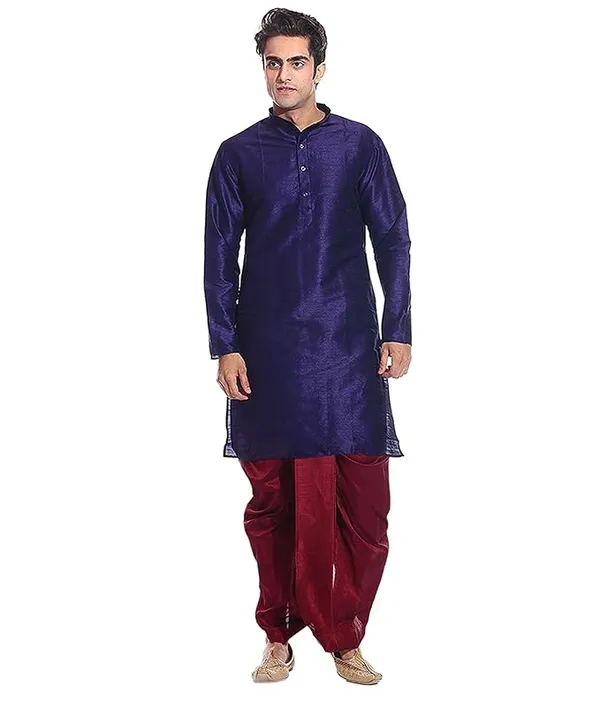 Navy_Dupion_Silk_Readymade_Dhoti_Kurta_Set_For_Men