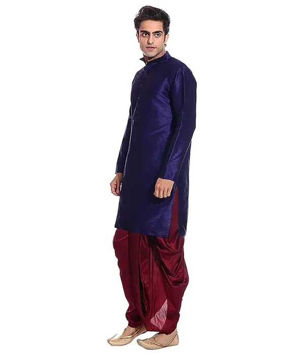 Navy_Dupion_Silk_Readymade_Dhoti_Kurta_Set_For_Men