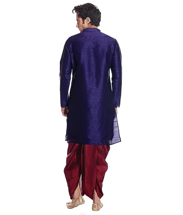 Navy_Dupion_Silk_Readymade_Dhoti_Kurta_Set_For_Men