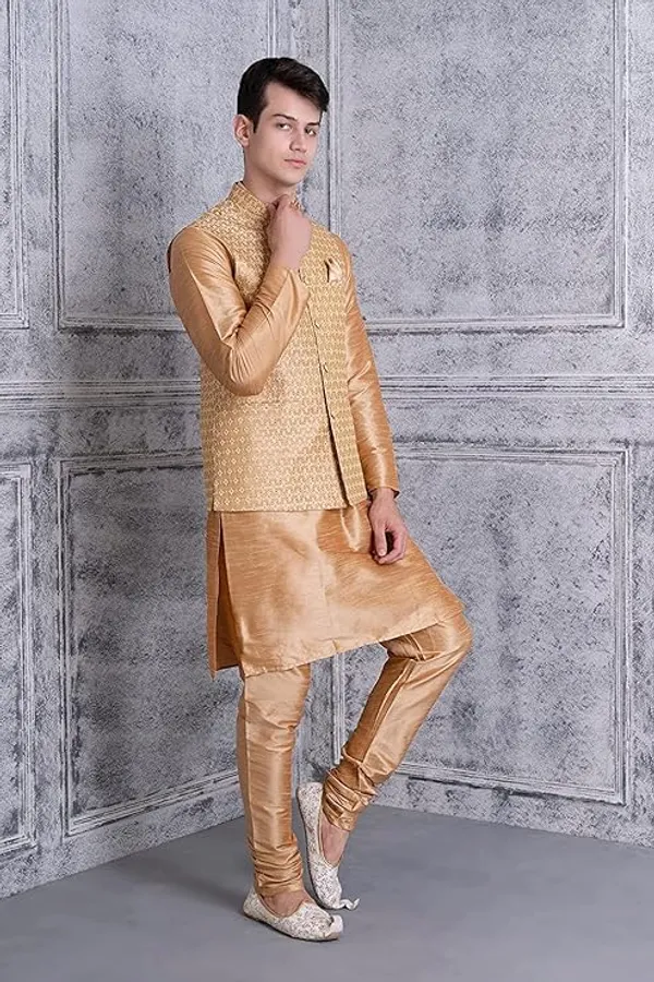 Khaki_&_Beige_Silk_Blend_Kurta_Pajama_With_Designer_Ethnic_Nehru_Jacket_For_Men