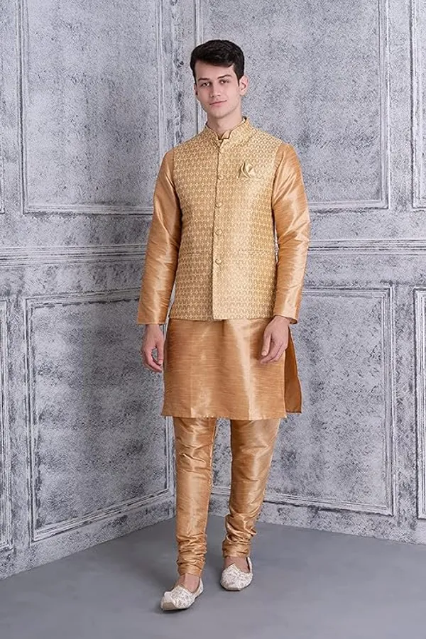 Khaki_&_Beige_Silk_Blend_Kurta_Pajama_With_Designer_Ethnic_Nehru_Jacket_For_Men
