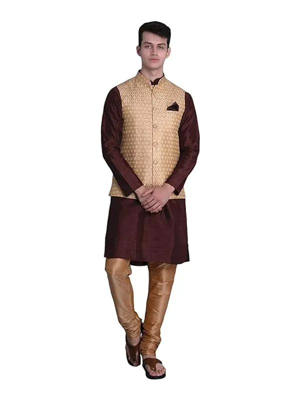 Coffee_&_Beige_Silk_Blend_Kurta_Pajama_With_Designer_Ethnic_Nehru_Jacket_For_Men