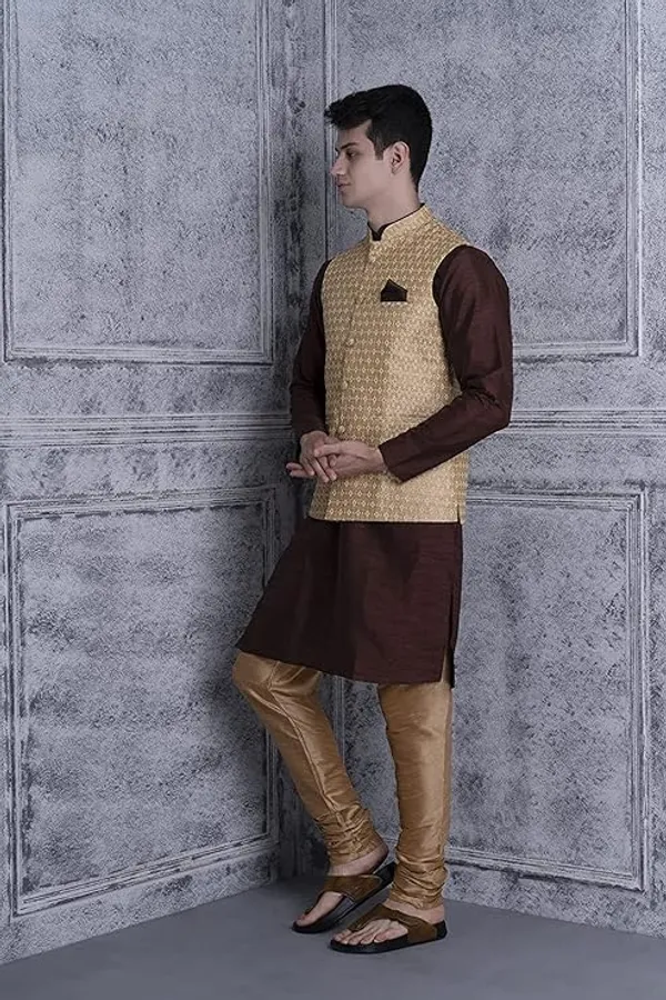 Coffee_&_Beige_Silk_Blend_Kurta_Pajama_With_Designer_Ethnic_Nehru_Jacket_For_Men