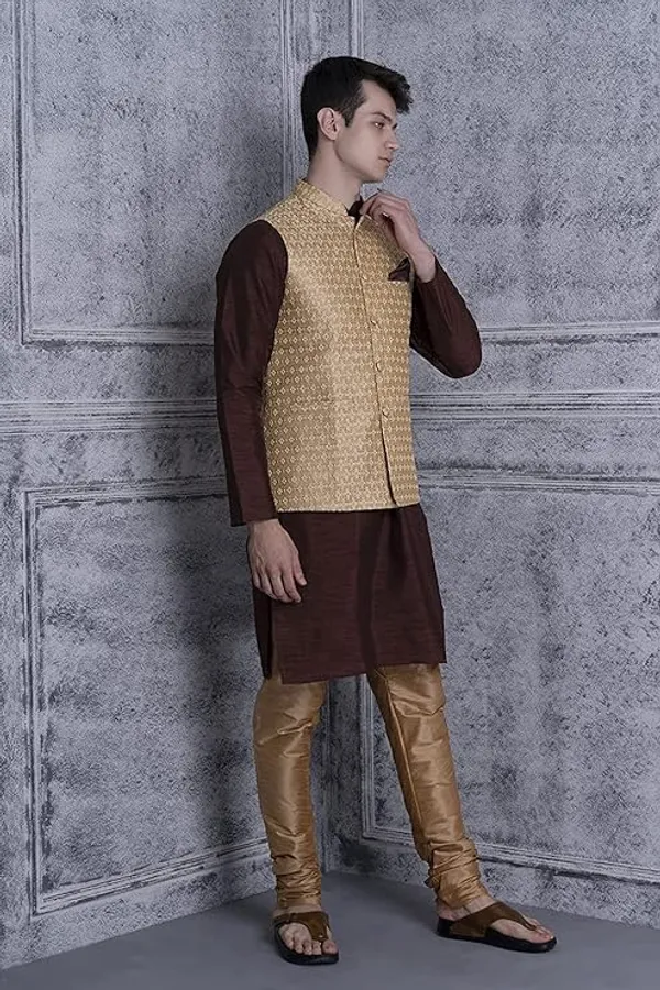 Coffee_&_Beige_Silk_Blend_Kurta_Pajama_With_Designer_Ethnic_Nehru_Jacket_For_Men
