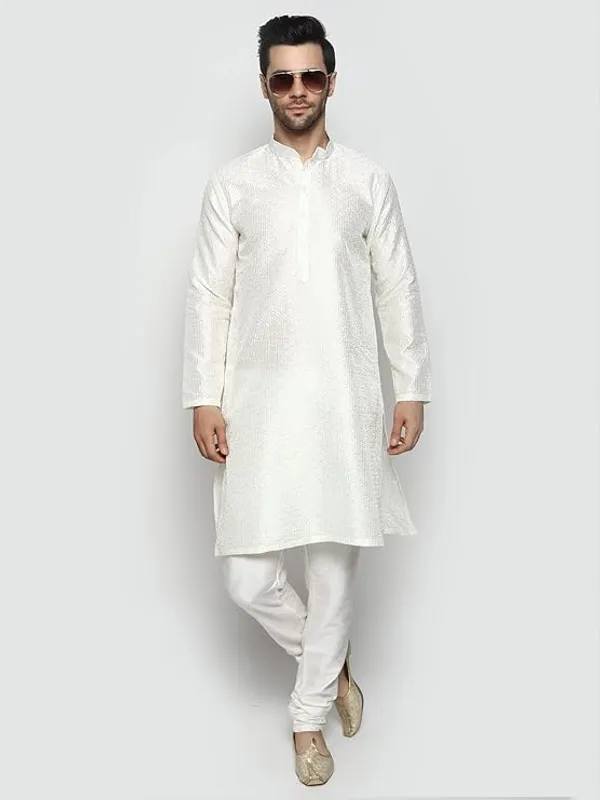 Off_White_Embroidery_Silk_Kurta_Pyjama_Set_For_Men