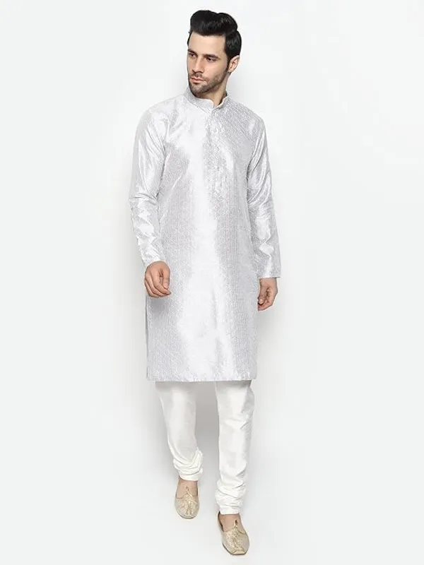 Grey_&_White_Embroidery_Silk_Kurta_Pyjama_Set_For_Men