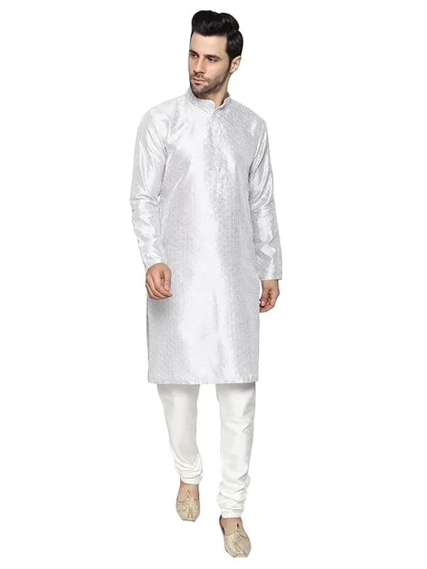 Grey_&_White_Embroidery_Silk_Kurta_Pyjama_Set_For_Men