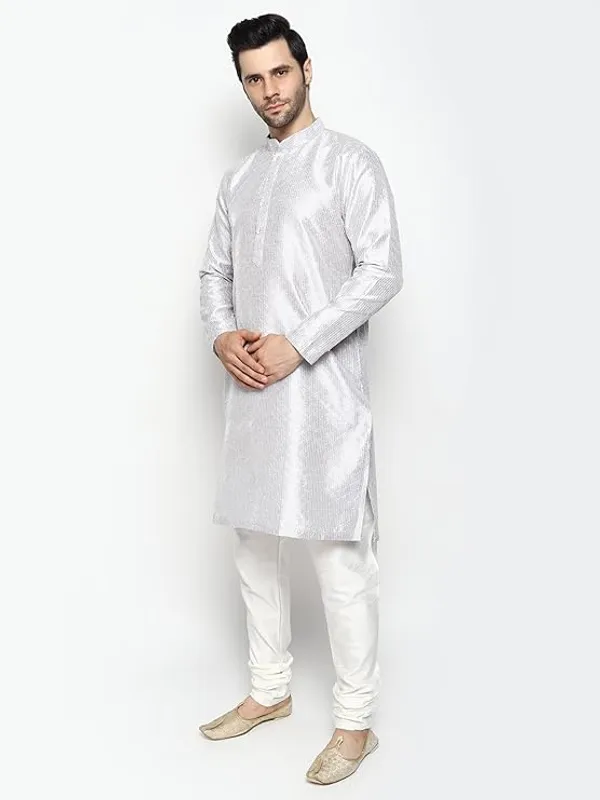 Grey_&_White_Embroidery_Silk_Kurta_Pyjama_Set_For_Men