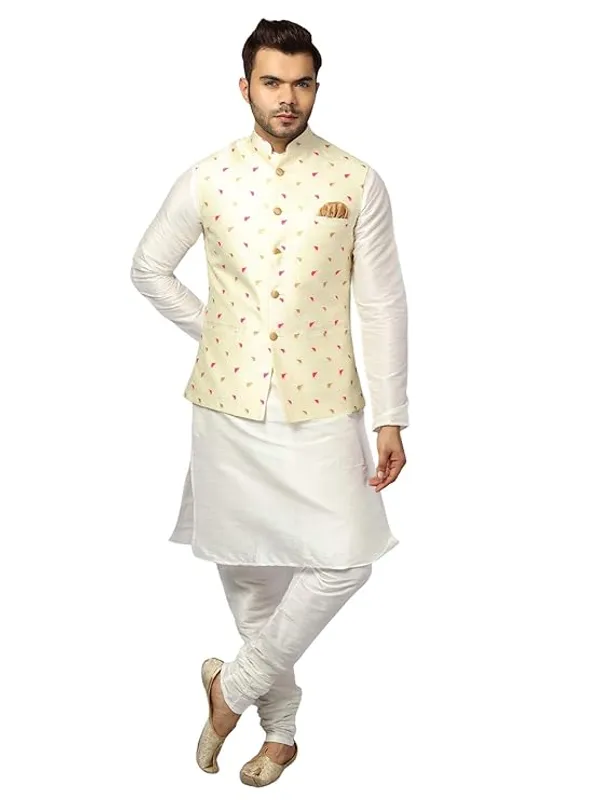Rani_&_White_Silk_Blend_Kurta_Pajama_With_Designer_Ethnic_Nehru_Jacket_For_Men
