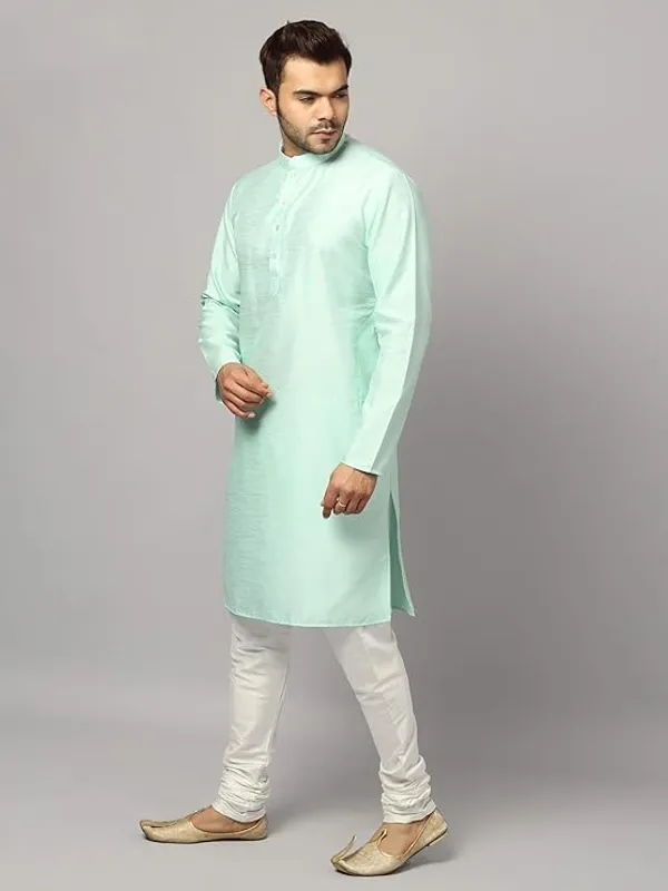 Turquoise_&_White_Banarasi_Dupion_Silk_Solid_Kurta_Churidar_Pyjama_Set_For_Men