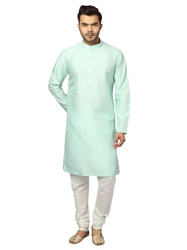 Turquoise_&_White_Banarasi_Dupion_Silk_Solid_Kurta_Churidar_Pyjama_Set_For_Men