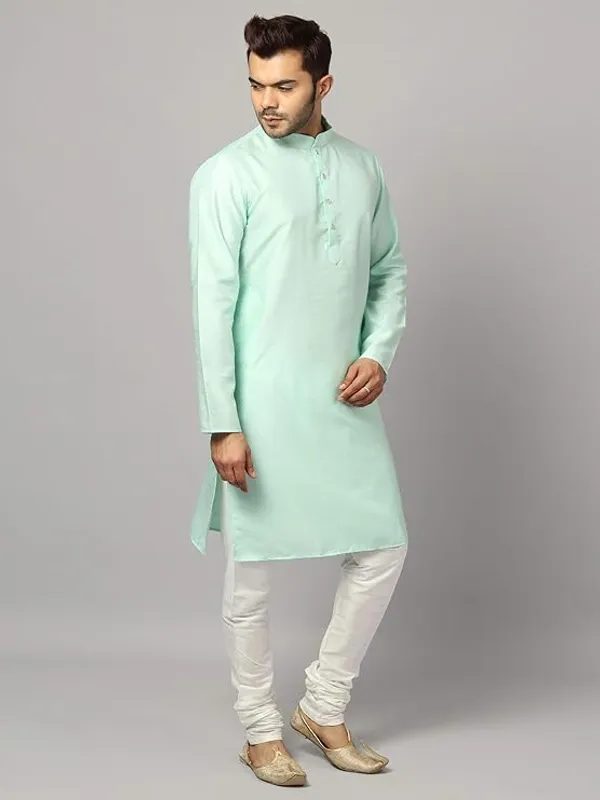Turquoise_&_White_Banarasi_Dupion_Silk_Solid_Kurta_Churidar_Pyjama_Set_For_Men