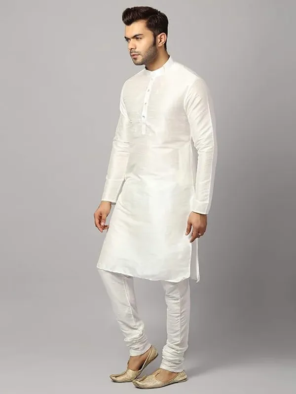 White_Banarasi_Dupion_Silk_Solid_Kurta_Churidar_Pyjama_Set_For_Men