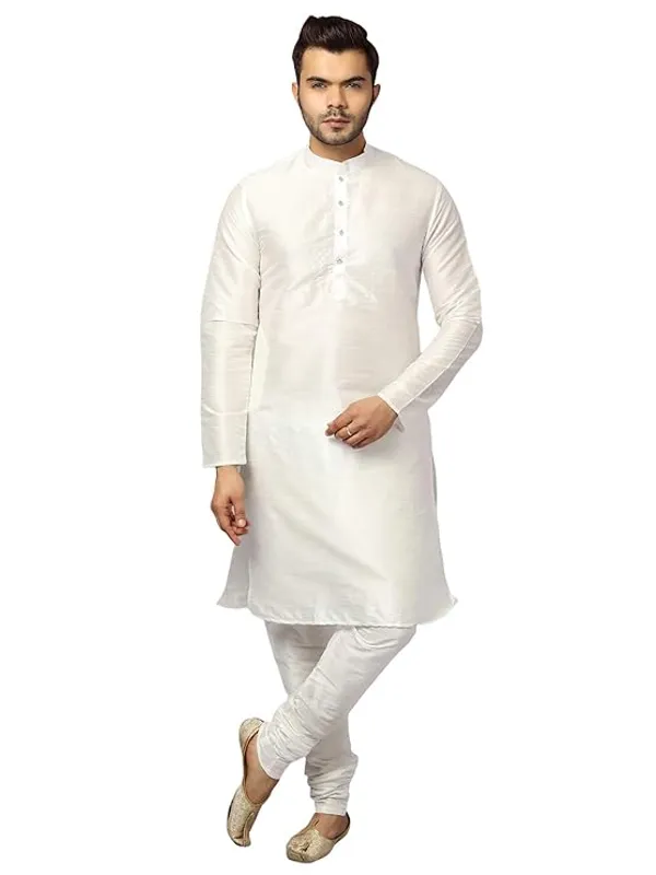White_Banarasi_Dupion_Silk_Solid_Kurta_Churidar_Pyjama_Set_For_Men