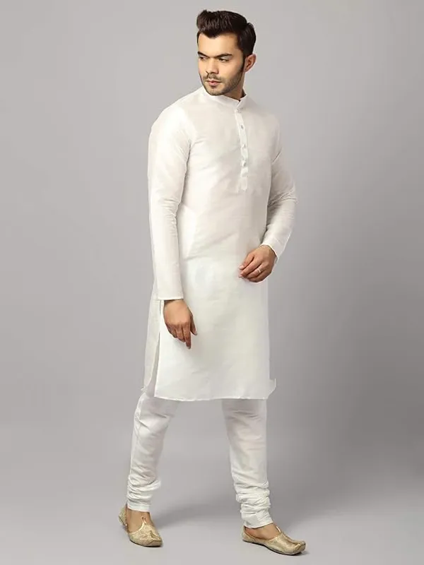 White_Banarasi_Dupion_Silk_Solid_Kurta_Churidar_Pyjama_Set_For_Men