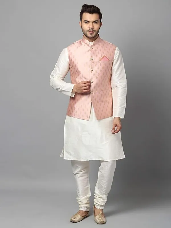 Off_White_&_Rose_Pink_Silk_Blend_Kurta_Pajama_With_Designer_Ethnic_Nehru_Jacket_For_Men