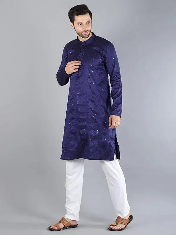 Navy_Blue_&_White_Embroidery_Silk_Kurta_Pyjama_Set_For_Men