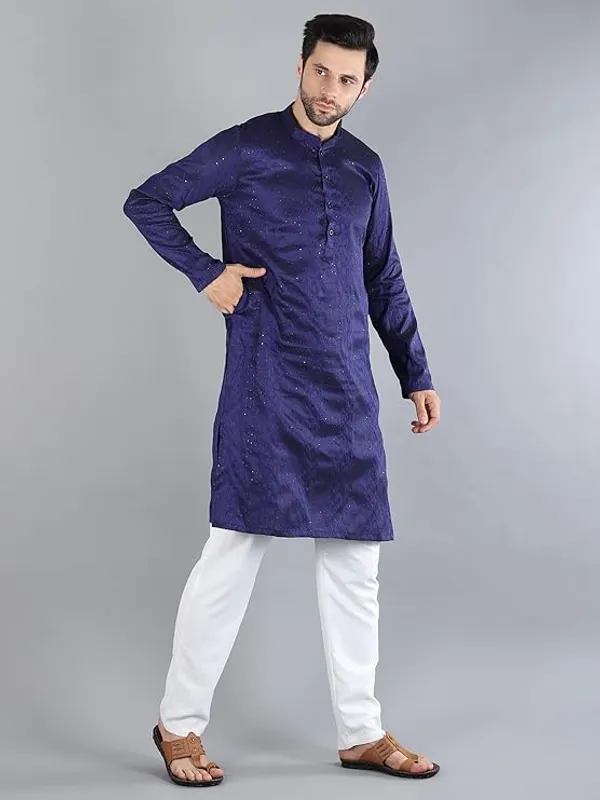 Navy_Blue_&_White_Embroidery_Silk_Kurta_Pyjama_Set_For_Men
