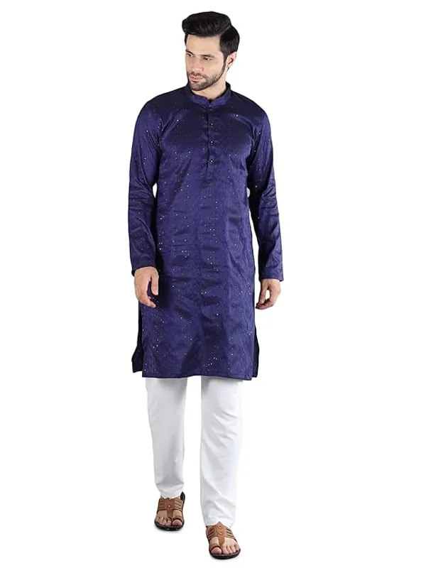 Navy_Blue_&_White_Embroidery_Silk_Kurta_Pyjama_Set_For_Men