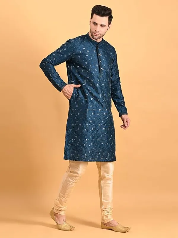 Royal_Blue_&_Golden_Embroidery_Silk_Kurta_Pyjama_Set_For_Men