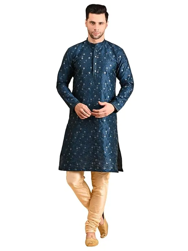 Royal_Blue_&_Golden_Embroidery_Silk_Kurta_Pyjama_Set_For_Men