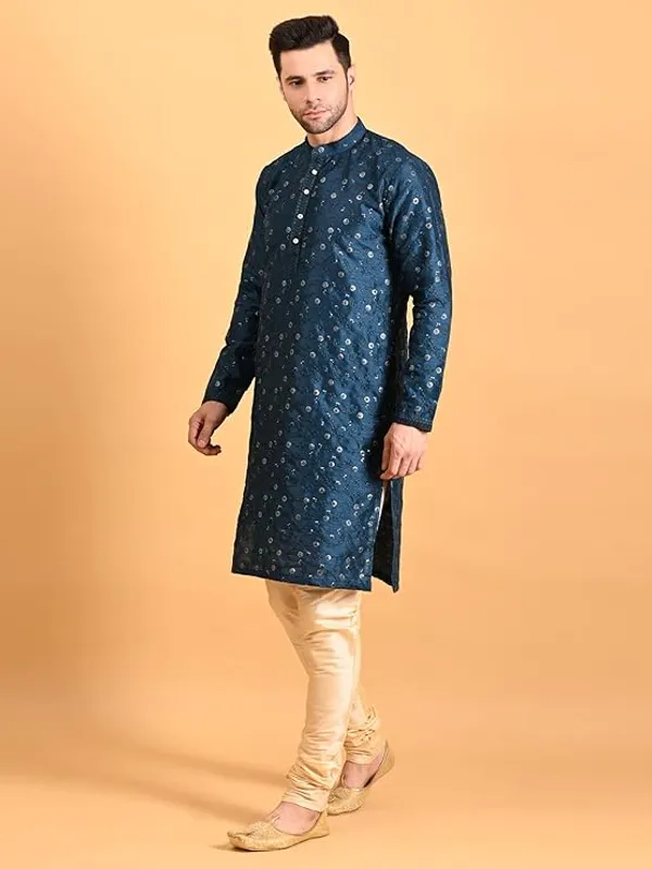 Royal_Blue_&_Golden_Embroidery_Silk_Kurta_Pyjama_Set_For_Men