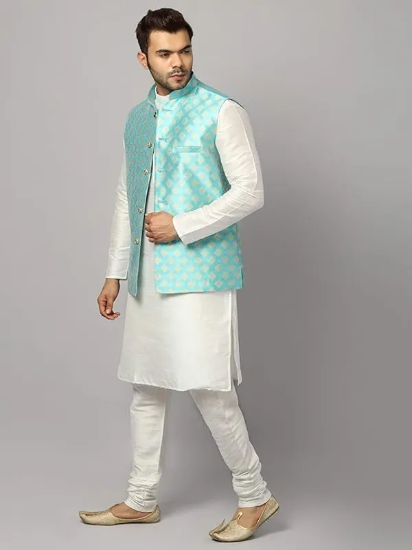 White_&_Firozi_Blue_Silk_Blend_Kurta_Pajama_With_Designer_Ethnic_Nehru_Jacket_For_Men