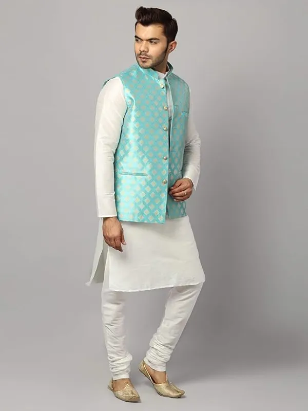 White_&_Firozi_Blue_Silk_Blend_Kurta_Pajama_With_Designer_Ethnic_Nehru_Jacket_For_Men