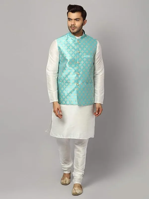 White_&_Firozi_Blue_Silk_Blend_Kurta_Pajama_With_Designer_Ethnic_Nehru_Jacket_For_Men