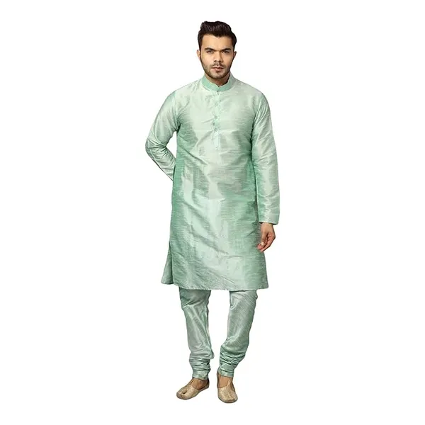 Sea_Green_Banarasi_Dupion_Silk_Solid_Kurta_Churidar_Pyjama_Set_For_Men