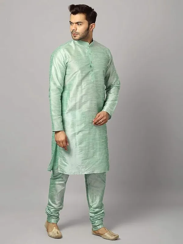 Sea_Green_Banarasi_Dupion_Silk_Solid_Kurta_Churidar_Pyjama_Set_For_Men