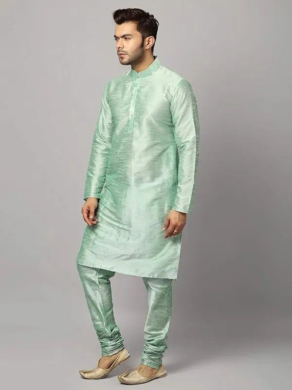 Sea_Green_Banarasi_Dupion_Silk_Solid_Kurta_Churidar_Pyjama_Set_For_Men