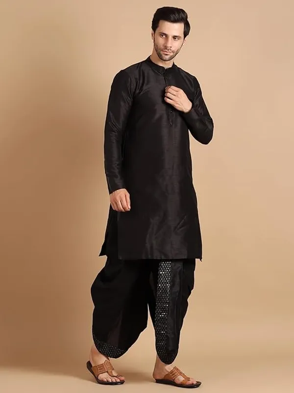 Black_Dupion_Silk_Readymade_Dhoti_Kurta_Set_For_Men