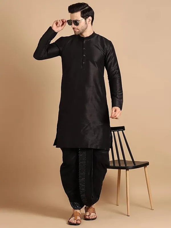 Black_Dupion_Silk_Readymade_Dhoti_Kurta_Set_For_Men