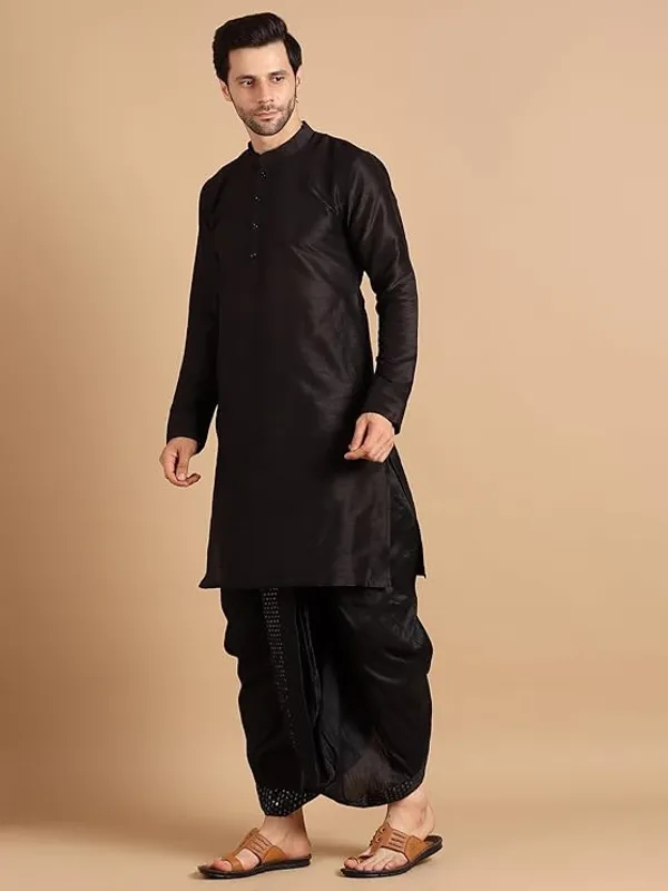 Black_Dupion_Silk_Readymade_Dhoti_Kurta_Set_For_Men