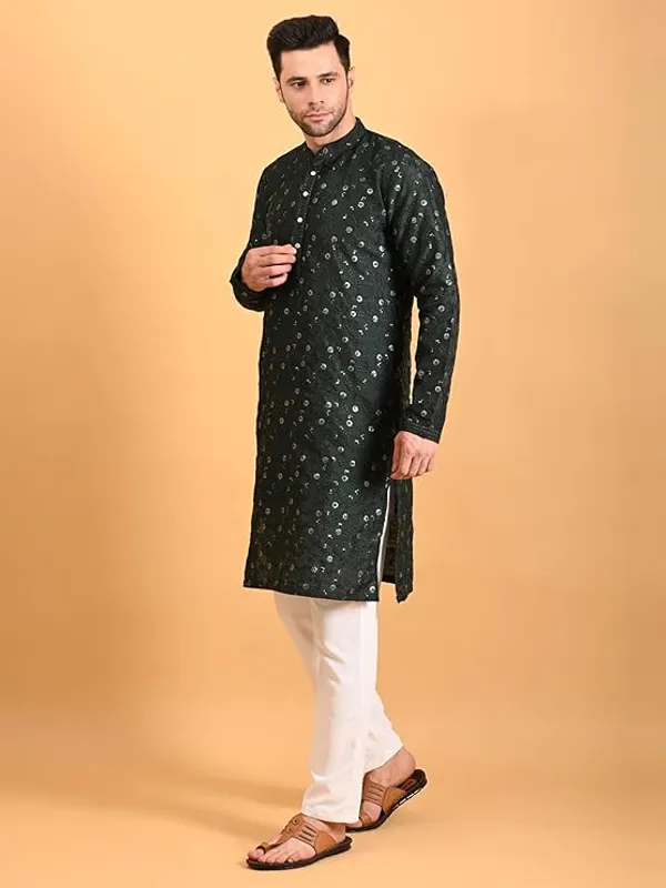 Bottle_Green_&_White_Embroidery_Silk_Kurta_Pyjama_Set_For_Men