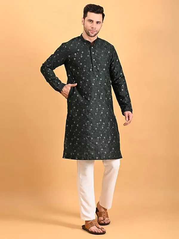 Bottle_Green_&_White_Embroidery_Silk_Kurta_Pyjama_Set_For_Men