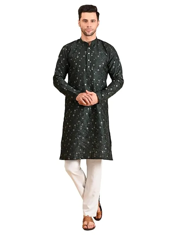 Bottle_Green_&_White_Embroidery_Silk_Kurta_Pyjama_Set_For_Men